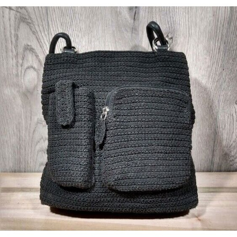 Worthington Crochet Knit Shoulder Bag Purse Multicompartment Lined Black Cotton